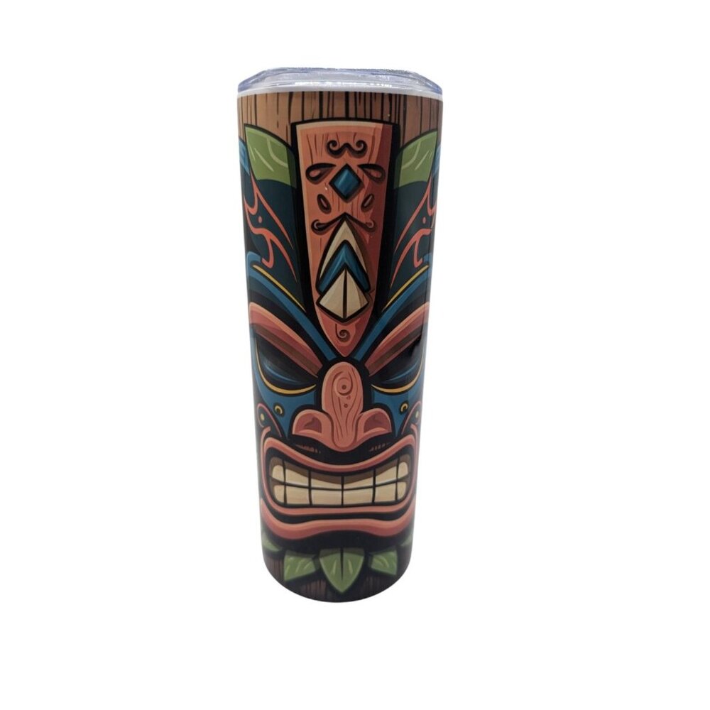 Tiki-Themed Stainless Steel Skinny Tumbler With Lid 20 Oz Double-Walled Insulati - Picture 9 of 12
